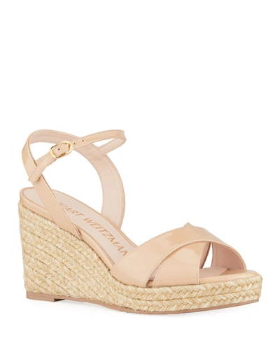 Shop Stuart Weitzman Rosemarie Patent Leather Wedge Espadrille Sandals In Adobe