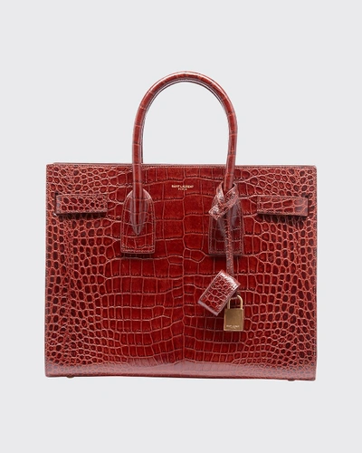 Shop Saint Laurent Sac De Jour Baby Crocodile-embossed Leather Satchel Bag In Brown