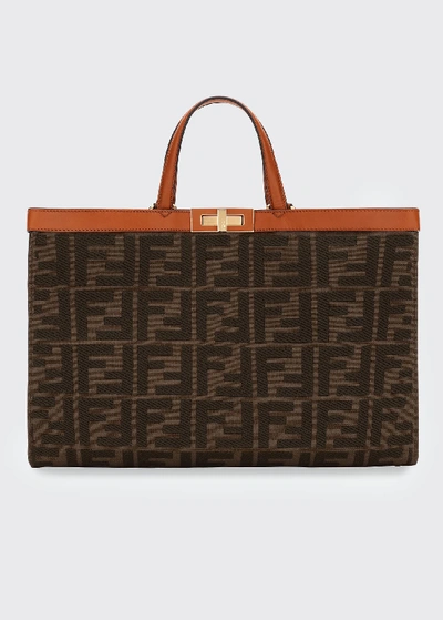 Shop Fendi Peekaboo X-lite Ff Logo Canvas Medium Tote Bag In Brown Pattern