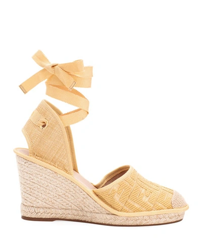 Shop Fendi Ff Logo Ankle-wrap Wedge Espadrilles In Beige