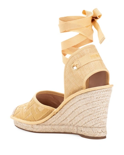 Shop Fendi Ff Logo Ankle-wrap Wedge Espadrilles In Beige