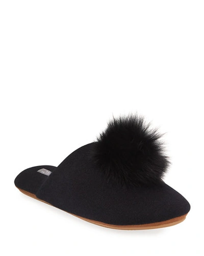 Shop Neiman Marcus Cashmere Fox Fur-trim Slippers In Black