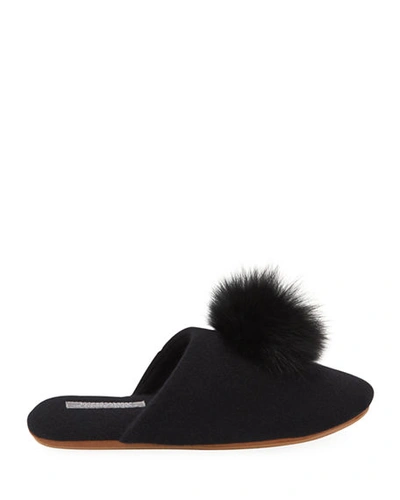 Shop Neiman Marcus Cashmere Fox Fur-trim Slippers In Black