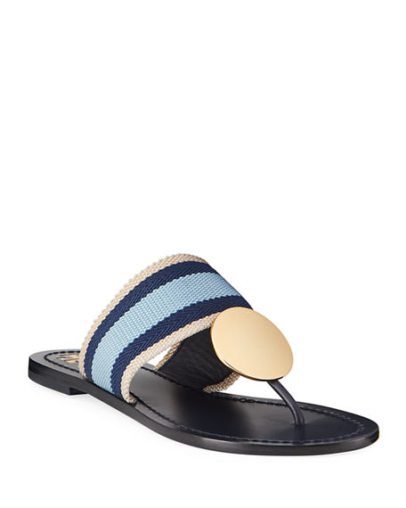 Tory Burch Patos Disk Web Strap Leather Sandals In Ivory/ Navy/ Blue Yonder | ModeSens