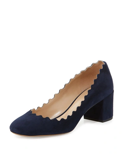 Shop Chloé Lauren Scalloped Suede Block-heel Pumps In Navy