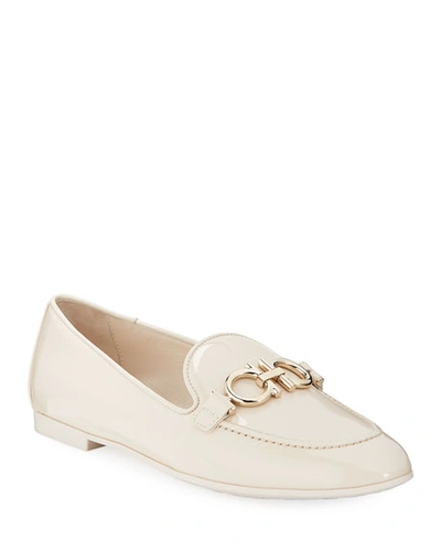 Shop Ferragamo Trifoglio Patent Gancini Horsebit Loafers In Bone