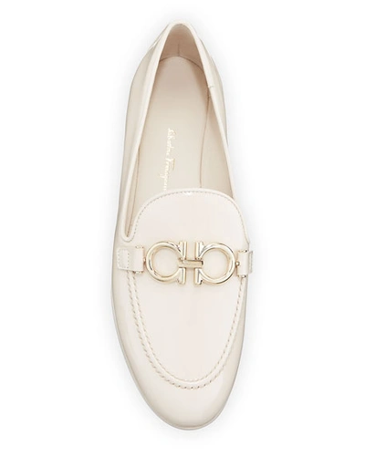 Shop Ferragamo Trifoglio Patent Gancini Horsebit Loafers In Bone