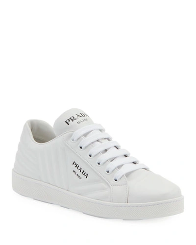 Shop Prada Quilted Leather Logo Sneakers In White