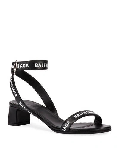 Shop Balenciaga Round 40mm Logo Leather Ankle-wrap Sandals In Black/white