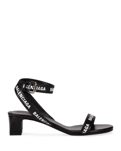 Shop Balenciaga Round 40mm Logo Leather Ankle-wrap Sandals In Black/white
