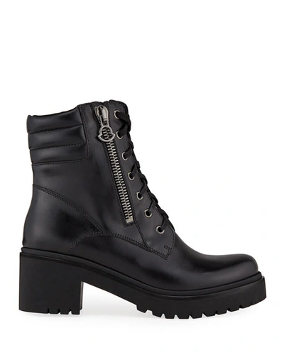 Shop Moncler Viviane Block-heel Leather Boots W/ Side Zip In Black