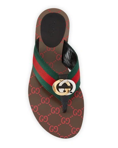 Shop Gucci Kika Web Thong Sandals In Brown Pattern