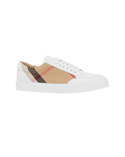 Shop Burberry New Salmond Check Leather Sneakers In White