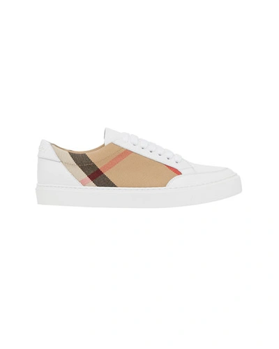 Shop Burberry New Salmond Check Leather Sneakers In White