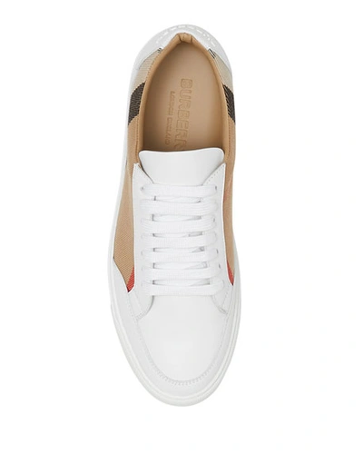 Shop Burberry New Salmond Check Leather Sneakers In White