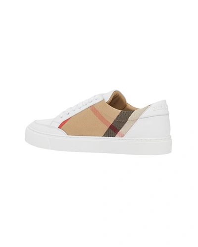 Shop Burberry New Salmond Check Leather Sneakers In White