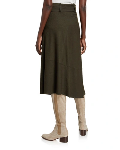 Shop Vince Belted Seamed Midi Skirt In Olive