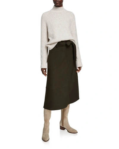 Shop Vince Belted Seamed Midi Skirt In Olive