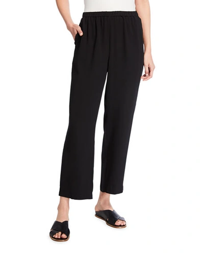 Shop Eileen Fisher Petite Straight-leg Silk Georgette Crepe Ankle Pants In Black