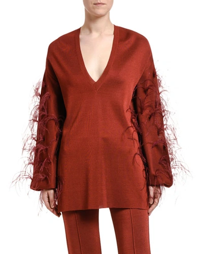 Shop Valentino Feather-sleeve V-neck Sweater In Red