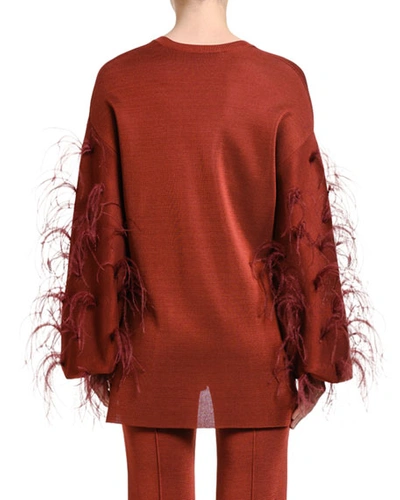 Shop Valentino Feather-sleeve V-neck Sweater In Red