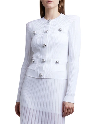 Shop Balmain Pleated Knit Cardigan With Silver Buttons In White