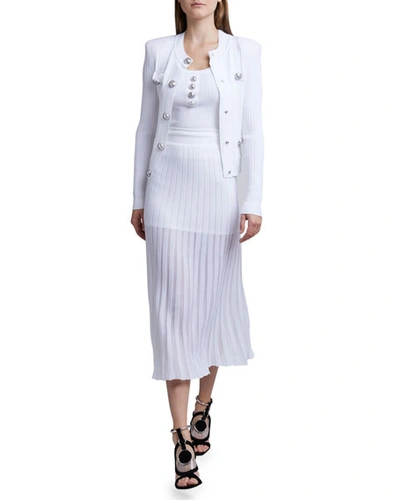 Shop Balmain Pleated Knit Cardigan With Silver Buttons In White