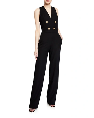 Shop Balmain Button-front Crepe Sleeveless Jumpsuit In Black