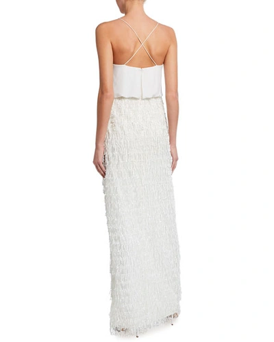 Shop Aidan Mattox Cowl-neck Sequined Fringe Column Gown In Ivory