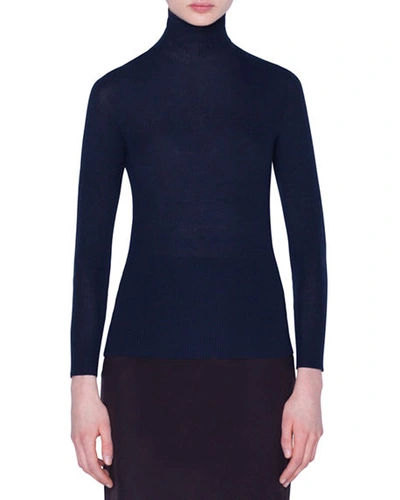 Shop Akris Seamless Ribbed Turtleneck Sweater In Navy