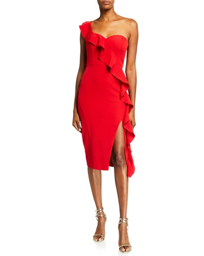 Shop Aidan Mattox Asymmetric Ruffle One-shoulder Crepe Dress In Red