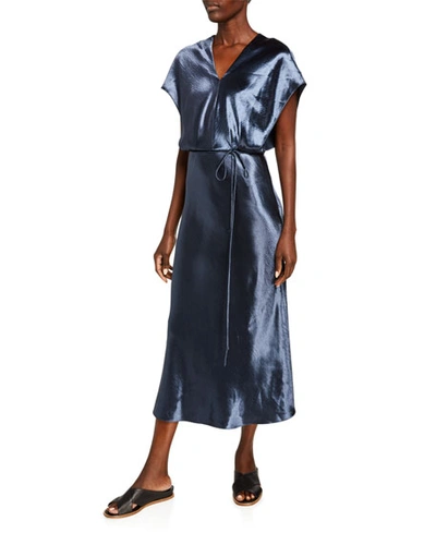 Shop Vince Metallic Flutter-sleeve Midi Dress In Casa Blue