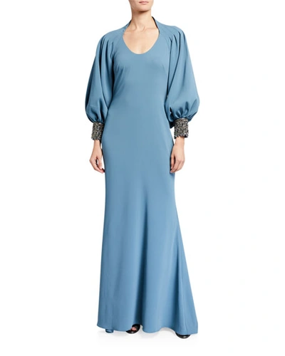 Shop Badgley Mischka Couture Beaded Balloon-sleeve Gown In Blue