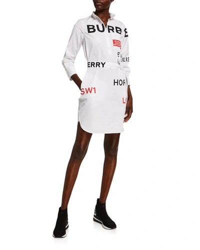 Shop Burberry Kiley Horseferry Print Cotton Tie-waist Shirtdress In White