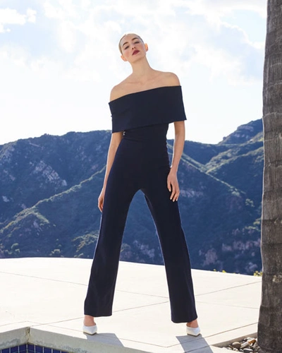 Shop Lela Rose Off-the-shoulder Crepe Jumpsuit In Black