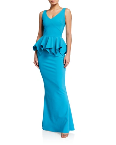 Shop Chiara Boni La Petite Robe V-neck Sleeveless Jersey Peplum Gown In Blue