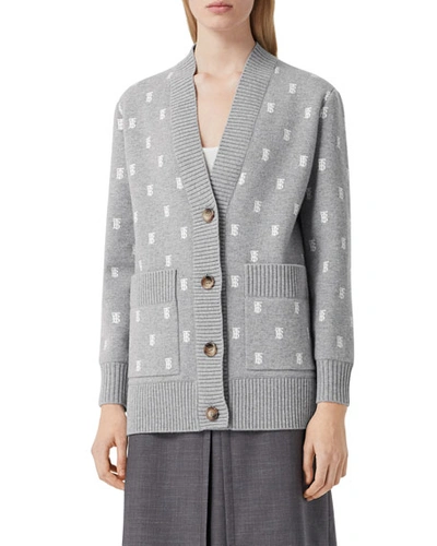 Shop Burberry Palena Monogram Jacquard Wool-cashmere Cardigan Sweater In Medium Gray