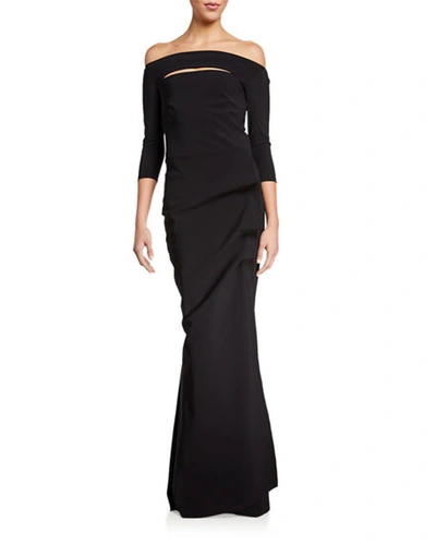 Shop Chiara Boni La Petite Robe Kate Long-sleeve Gathered Trumpet Evening Gown In Black