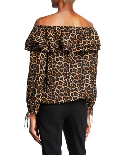 Shop Michael Michael Kors Leopard Off-the-shoulder Ruffle Peasant Top In Dark Camel