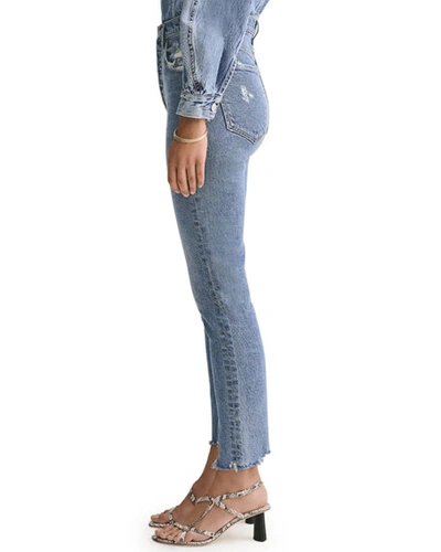 Shop Agolde Nico High-rise Slim Jeans With Chewed Hem In Rooted