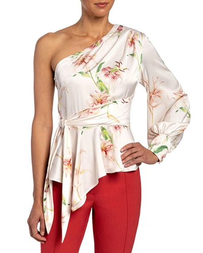 Shop Santorelli Vega Lily Printed One-shoulder Charmeuse Blouse In Ivory