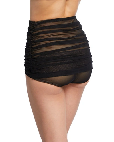 Shop Norma Kamali Bill Shirred Mesh High-waist Bikini Bottom In Black Mesh