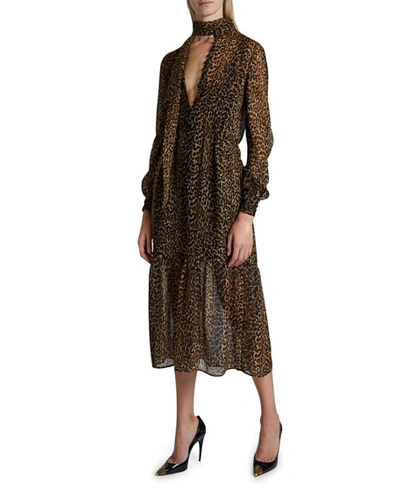 Shop Saint Laurent Leopard Print Gauzy Dress