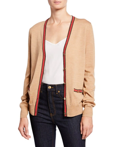 Shop Tory Burch Madeline Wool V-neck Button-front Cardigan W/ Contrast Trim In Camel/pine Cone
