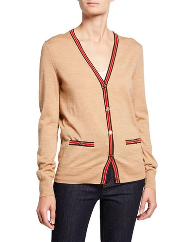 Shop Tory Burch Madeline Wool V-neck Button-front Cardigan W/ Contrast Trim In Camel/pine Cone