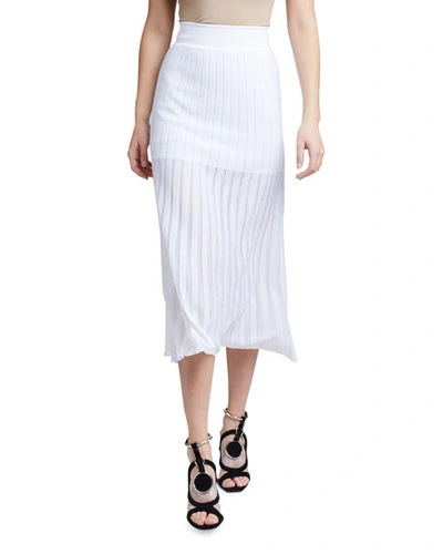 Shop Balmain Pleated Knit Midi Skirt In White