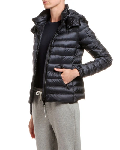 Moncler Bleu Fitted Puffer Coat W/ Detachable Hood In Navy | ModeSens