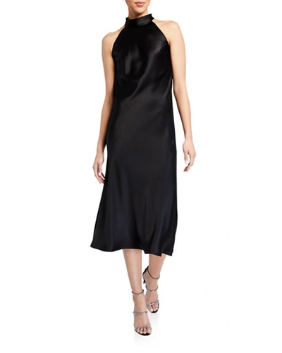 Shop Galvan Sienna Sleeveless Satin Turtleneck Bow-back Dress In Black