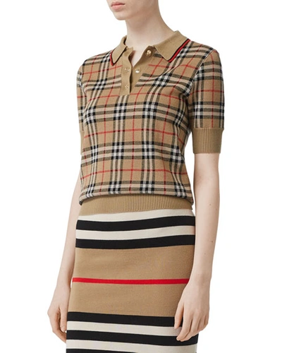 Shop Burberry Chatterton Check Jacquard Knitted Polo In Beige