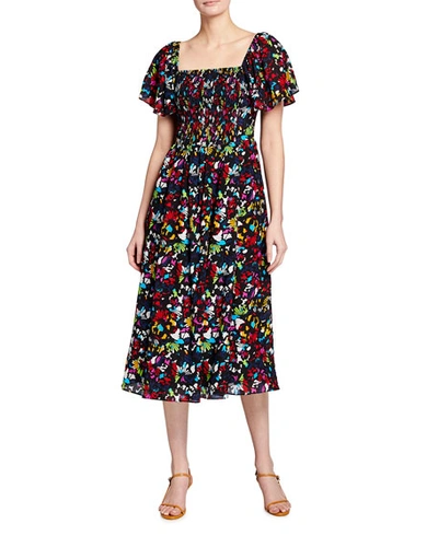 Shop Tanya Taylor Glenda Smocked Square-neck Midi Dress In Confetti Lg Blk